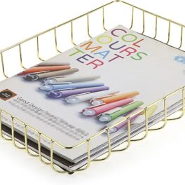 BTSKY Multipurpose A4 File Tray Wire Desk Tray Organizer Elegant Letter Size Desk Documents Trays Magazine Files Storage Basket Organizer Bin for Office Cosmetics Bathroom(Gold)